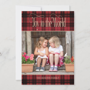 Joy to World Christmas Red Black Buffalo Plaid Holiday Card