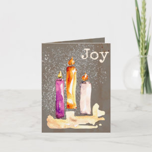 Joy! Trio of Candles Watercolor Sparkle Holiday Card