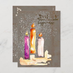 Joy! Trio of Candles Watercolor Sparkle Holiday Postcard