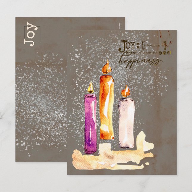 Joy! Trio of Candles Watercolor Sparkle Holiday Postcard (Front/Back)