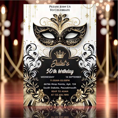 Joy Tutu Black Gold Chic Masquerade 50th Birthday Invitation