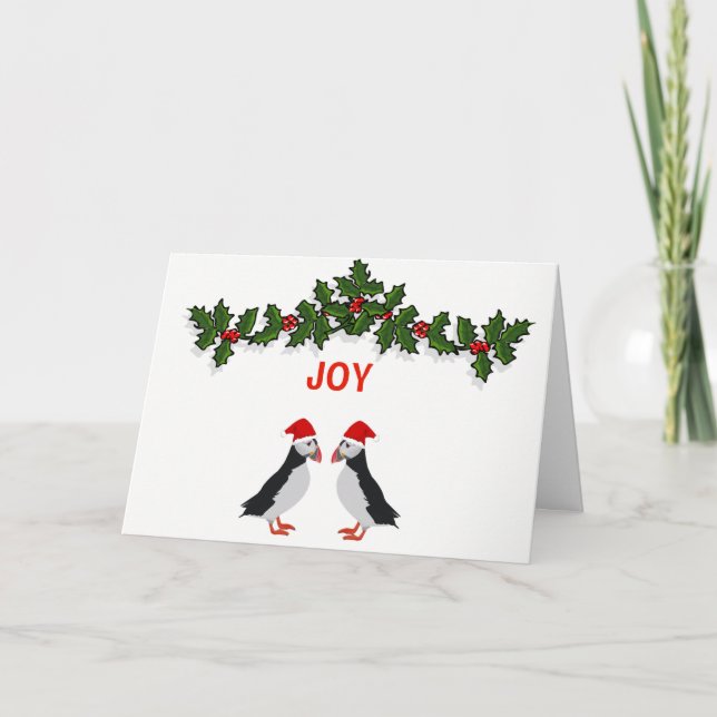 Joy twin puffins Christmas card (Front)