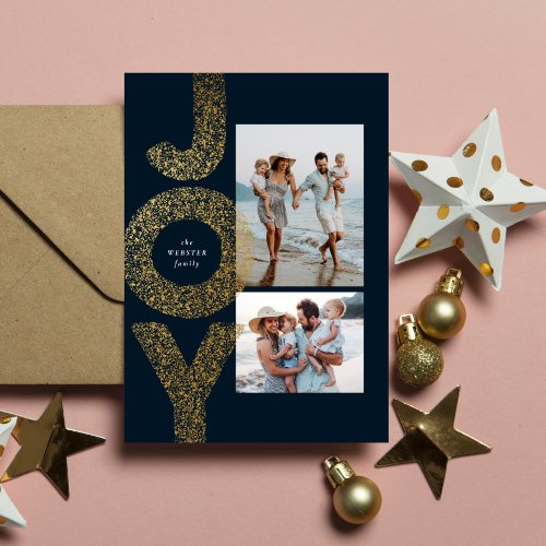 Joy two photo Christmas faux gold navy Holiday Card