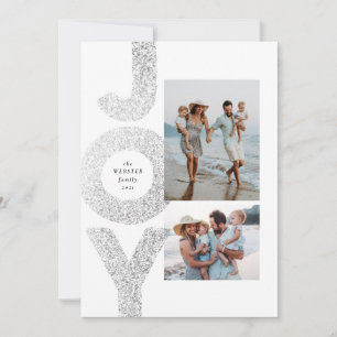 Joy two photo Christmas faux silver speckle modern Holiday Card