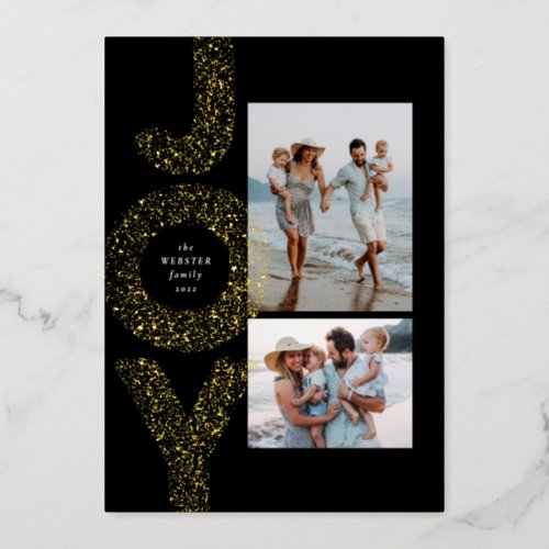 Joy two photo speckle gold black modern Christmas Foil Holiday Card