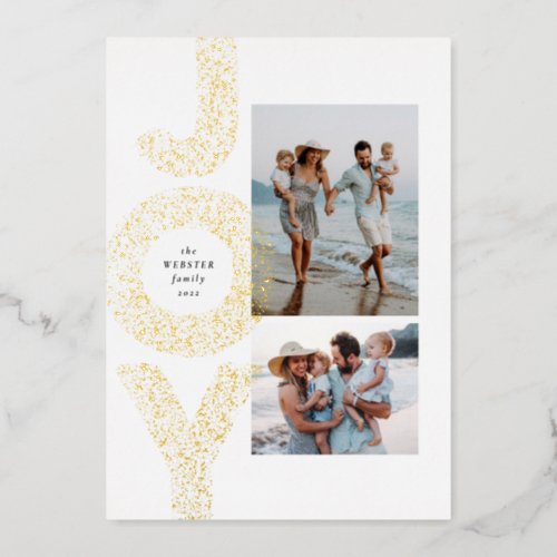 Joy two photo speckle gold modern Christmas  Foil Holiday Card