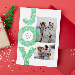 Joy two photo speckle green modern Christmas  Foil Holiday Card