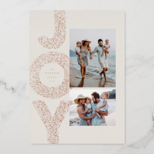 Joy two photo speckle rose gold modern Christmas Foil Holiday Card