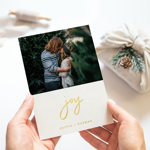 Joy  Two Photos for Christmas with Script in Gold Foil Holiday Card