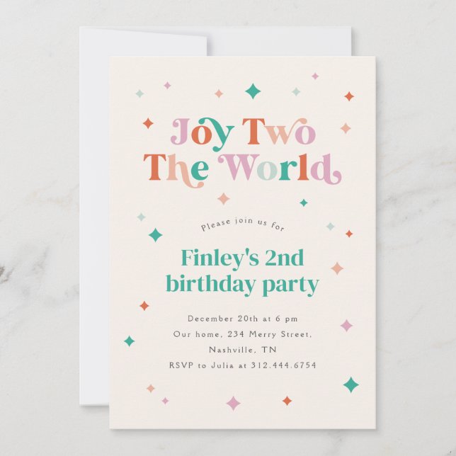Joy Two The World 2nd Birthday Party Invitation (Front)