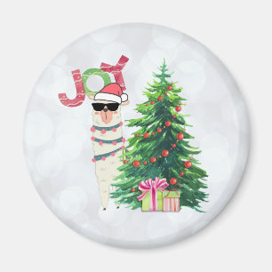 Joy Typography Christmas Llama behind a Tree Magnet