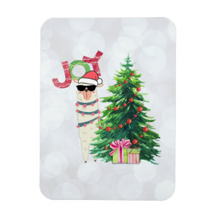 Joy Typography   Christmas Llama behind a Tree Magnet