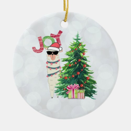 Joy Typography  Christmas Llama with Tree Ceramic Ornament