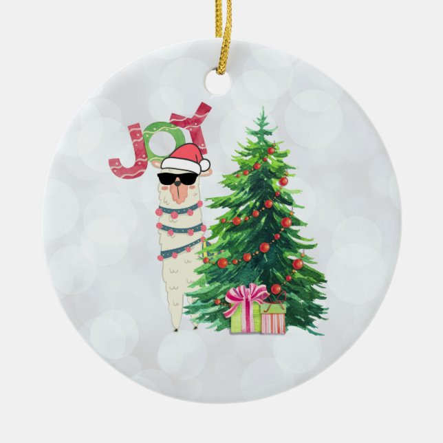 Joy Typography | Christmas Llama with Tree Ceramic Ornament (Front)