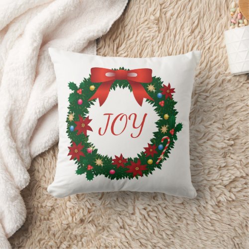 Joy Typography Christmas Wreath Throw Pillow