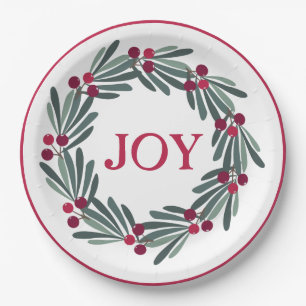 “JOY” Typography Holly Berry Wreath Red Paper Plates