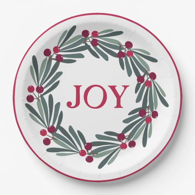 “JOY” Typography Holly Berry Wreath Red Paper Plates (Front)