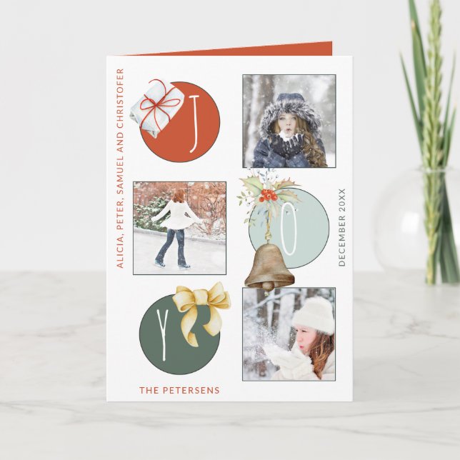 JOY Typography Modern Christmas 4 Photo Collage Holiday Card (Front)