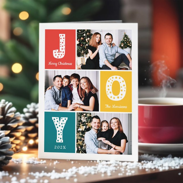 JOY Typography Modern Merry Christmas 3 Photo Holiday Card (Creator Uploaded)