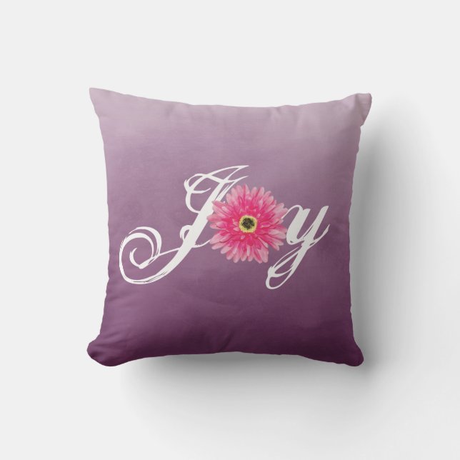 Joy Typography Pink Gerbera Daisy Flower on Purple Outdoor Pillow (Front)