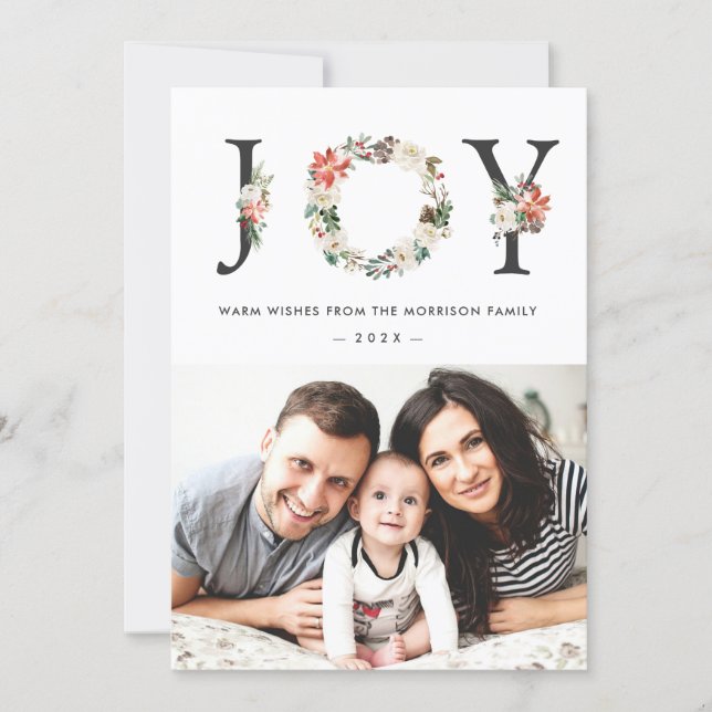 JOY Typography Poinsettia Floral Christmas Photo Holiday Card (Front)