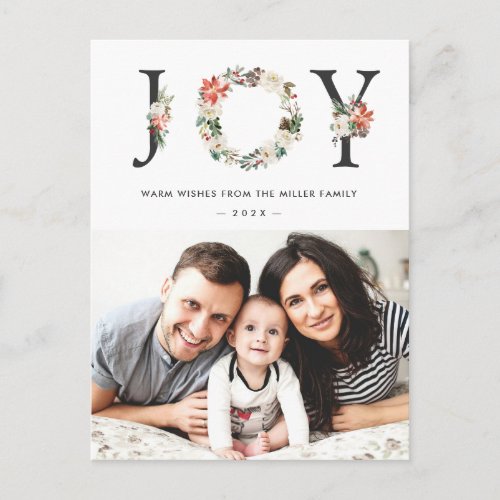 JOY Typography Poinsettia Floral Christmas Photo Postcard
