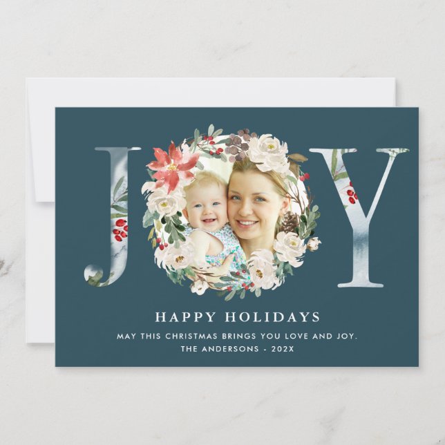 JOY Typography Poinsettia Floral Wreath Photo Holiday Card (Front)