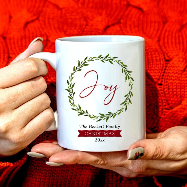 Joy Typography Script Christmas Wreath Holiday Coffee Mug (Creator Uploaded)