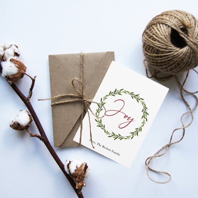 Joy Typography Script Wreath 3 Photo Christmas Holiday Card (Creator Uploaded)