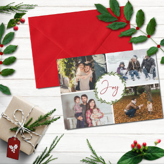 Joy Typography Script Wreath 4 Photo Christmas Holiday Card