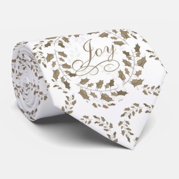Joy Typography Soft Brown Holly Wreaths Tie by SalonOfArt at Zazzle