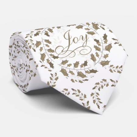 Joy Typography Soft Brown Holly Wreaths Tie