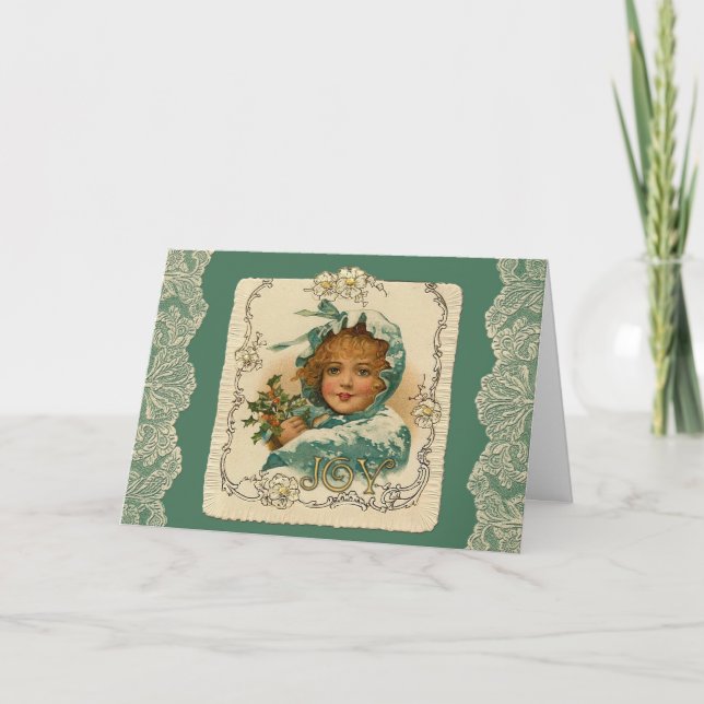 Joy Victorian Christmas girl in bonnet Holiday Card (Front)