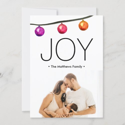 Joy Watercolor Balls Custom Family Photo Christmas Holiday Card