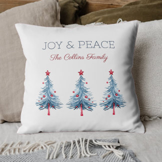 Joy Watercolor Blue Christmas Tree Modern Script Throw Pillow