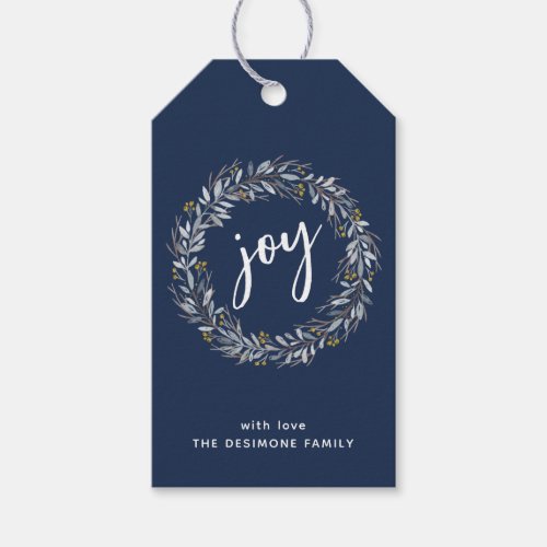 Joy Watercolor Botanical Wreath Christmas Blue Gift Tags