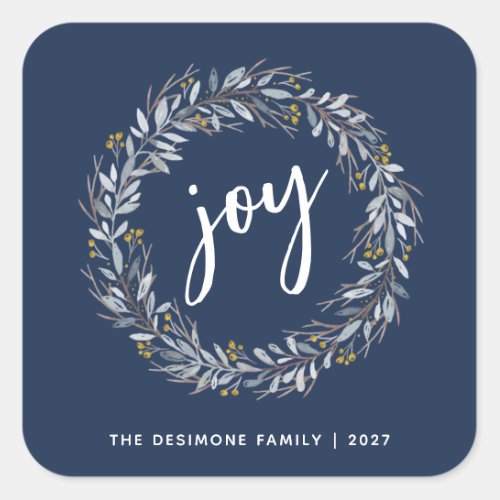 Joy Watercolor Botanical Wreath Christmas Blue Square Sticker