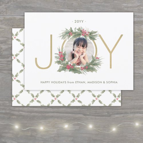 JOY Watercolor Christmas Wreath Custom Photo Gold Holiday Card