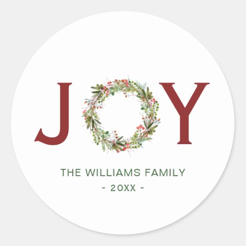 Joy Watercolor Christmas Wreath Family Name   Classic Round Sticker