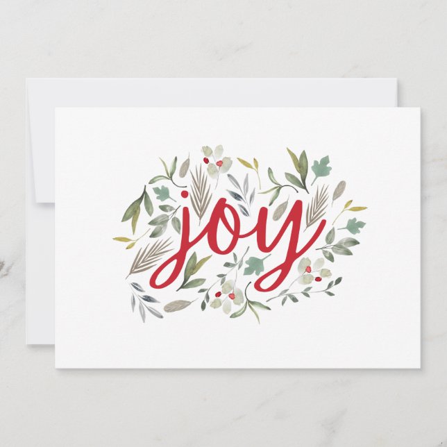 Joy Watercolor Floral Red Script  Holiday Card (Front)