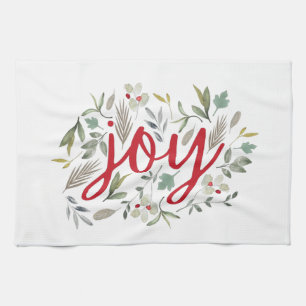 Joy Watercolor Floral Red Script   Kitchen Towel