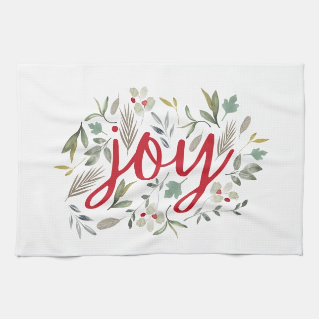 Joy Watercolor Floral Red Script   Kitchen Towel (Horizontal)