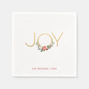 Joy Watercolor Floral with Gold Christmas Napkins