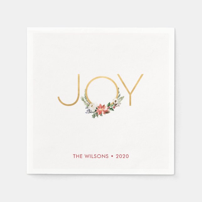 Joy Watercolor Floral with Gold | Christmas Napkins (Front)