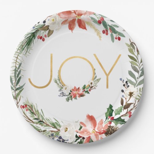 Joy Watercolor Floral Wreath with Gold  Christmas Paper Plates
