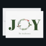 Joy Watercolor Wreath Christmas Holiday<br><div class="desc">A beautiful watercolor greenery and red berry wreath frames forms the o of joy on this this standout holiday card. The card has simple,  elegant typography,  and there is plenty of room to add your personal message.</div>