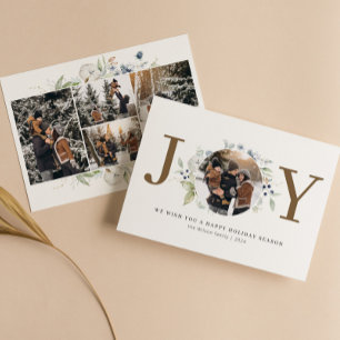 Joy Watercolor Wreath Circle Photo Holiday Card