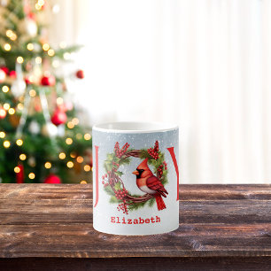 Joy Watercolor Wreath + Red Cardinal   Name Coffee Mug