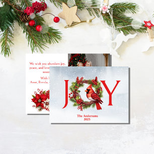 Joy Watercolor Wreath with Red Cardinal 1 Photo Holiday Card