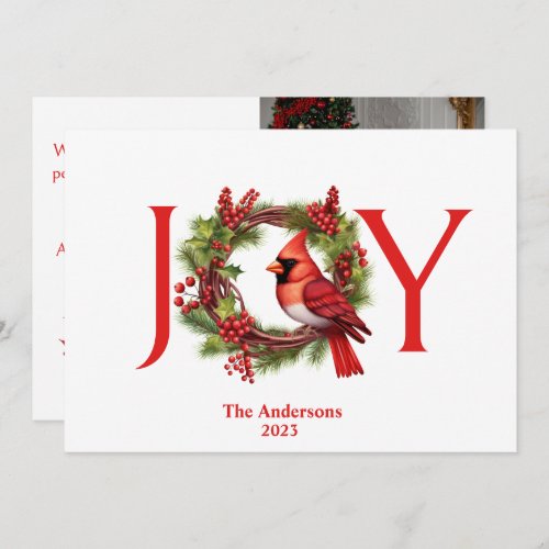 Joy Watercolor Wreath with Red Cardinal  1 Photo  Holiday Card